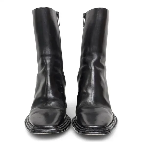 Black Leather Square Toe Sculptural Triangle Heel Minimalist Modern Ankle 10 - Picture 3 of 10